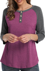 3/4 Sleeve Shirts for Women Crewneck Button Down Tunic Tops Raglan T Shirt