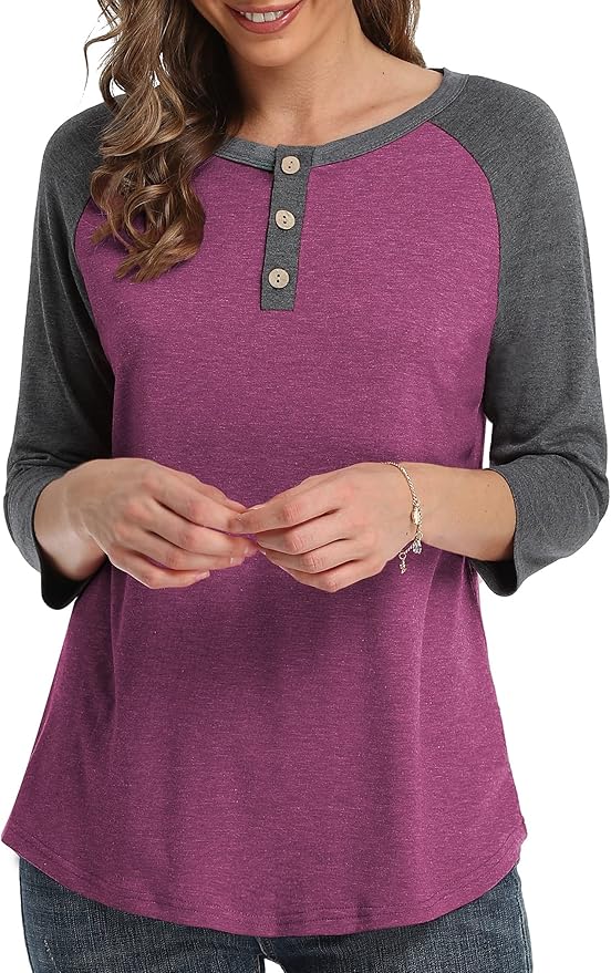 3/4 Sleeve Shirts for Women Crewneck Button Down Tunic Tops Raglan T Shirt