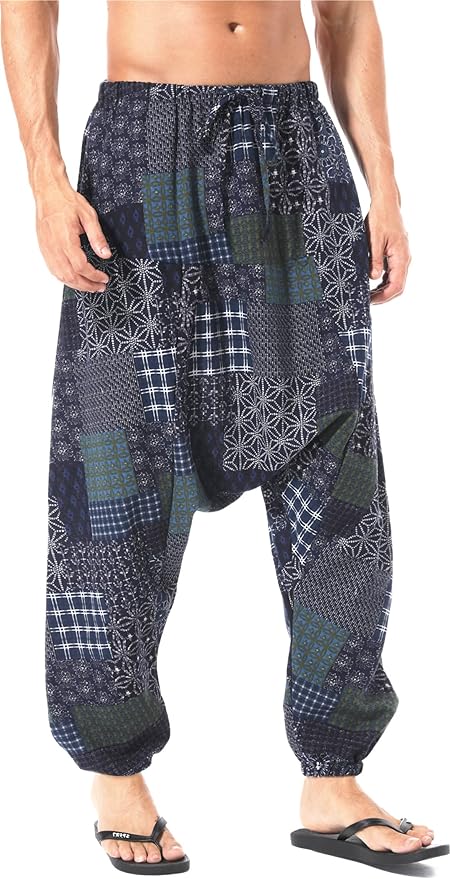 AITFINEISM Men's Drawstring Aladdin Hippie Harem Pants Loose Drop Crotch Trousers