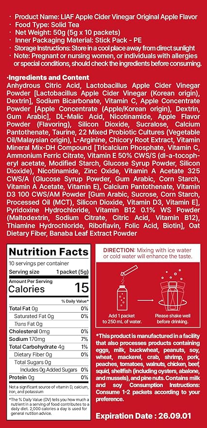 LIAF Apple Cider Vinegar Powder Loaded Tea Packets | Korean Fermented ACV with Mother | Travel Size Instant Dissolving Drink Mix | Sugar Free Energy Boost | Apple Flavor 10 Count