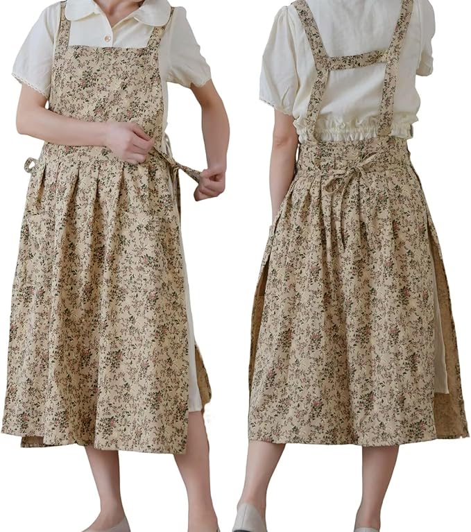 Pinafore Apron Dress，Japanese Cotton Linen Cross Back Apron for Women with Pockets，Pinafore Dress with Waist Ties (Brown flower)