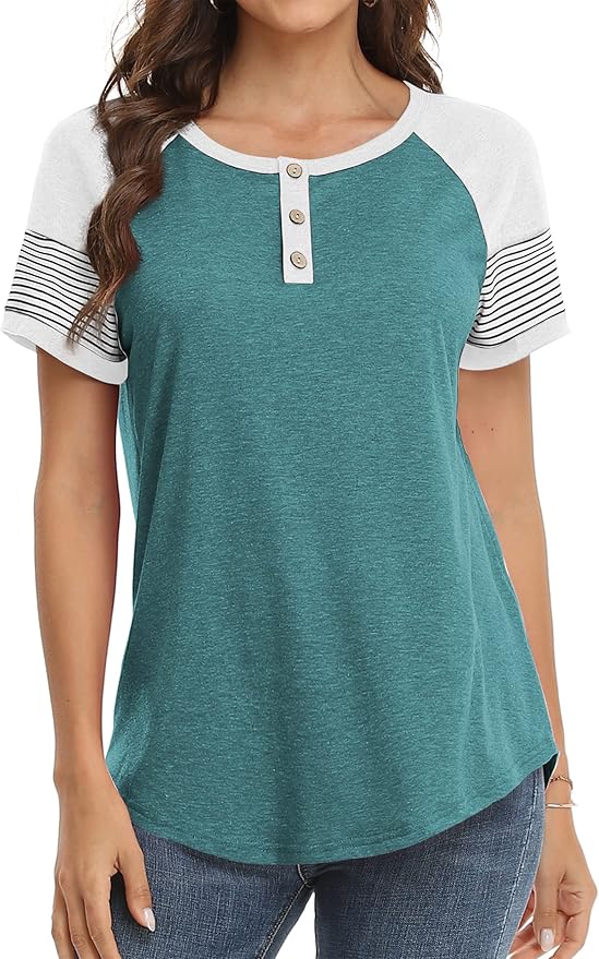 3/4 Sleeve Shirts for Women Crewneck Button Down Tunic Tops Raglan T Shirt