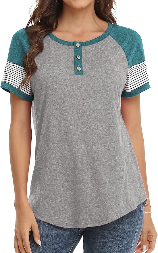3/4 Sleeve Shirts for Women Crewneck Button Down Tunic Tops Raglan T Shirt