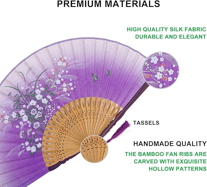 Amajiji 8.27"(21cm) Hand Held Bamboo Silk Folding Fan Hand Fan,Chinese/Japanese Charming Elegant Vintage Retro Style,Women Ladys Girls Best Gifts (Purple Grassflower)