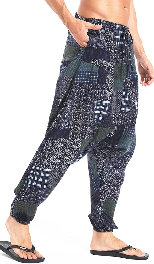 AITFINEISM Men's Drawstring Aladdin Hippie Harem Pants Loose Drop Crotch Trousers