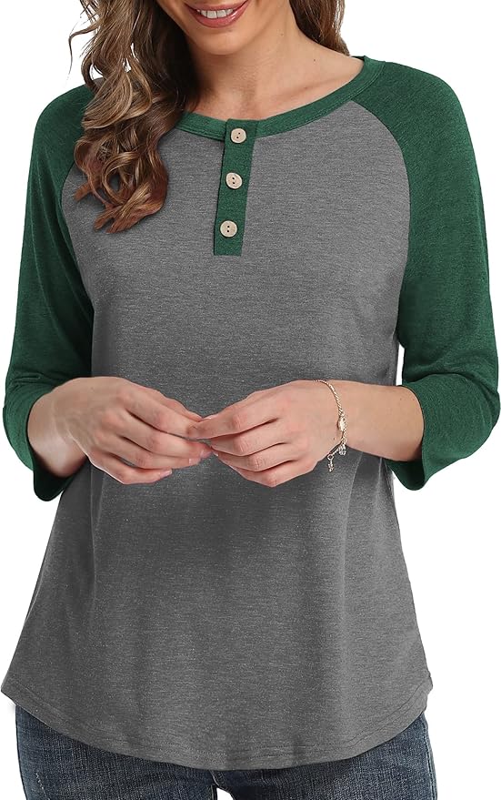 3/4 Sleeve Shirts for Women Crewneck Button Down Tunic Tops Raglan T Shirt