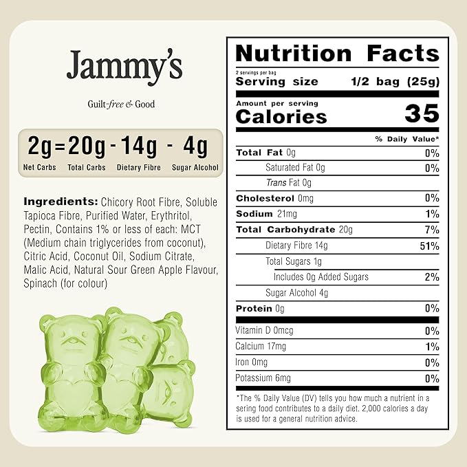 Jammy's™ - Sour Green Apple Gummy Bears | Sugar-Free & Vegan-Friendly | Keto-Friendly, Gluten-Free, Low Carb, High Fibre & Naturally Fruity | Delicious, Soft & Chewy | Box of 6 x 50g Bags