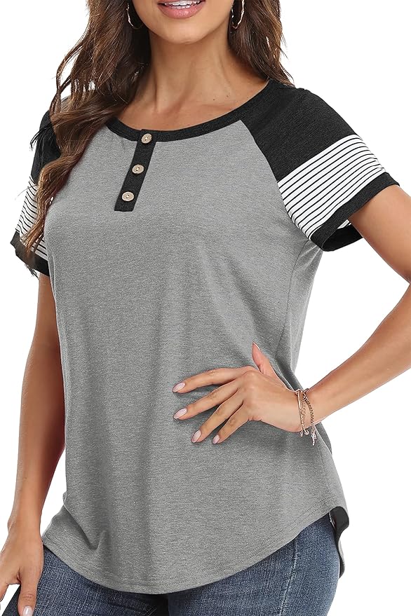 3/4 Sleeve Shirts for Women Crewneck Button Down Tunic Tops Raglan T Shirt
