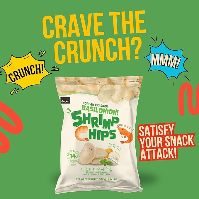 Korean Basil Onion Shrimp Chips - Resealable Crispy Snack with Herby Shrimp Flavor, 4.5 Servings per Package - Pack of 1
