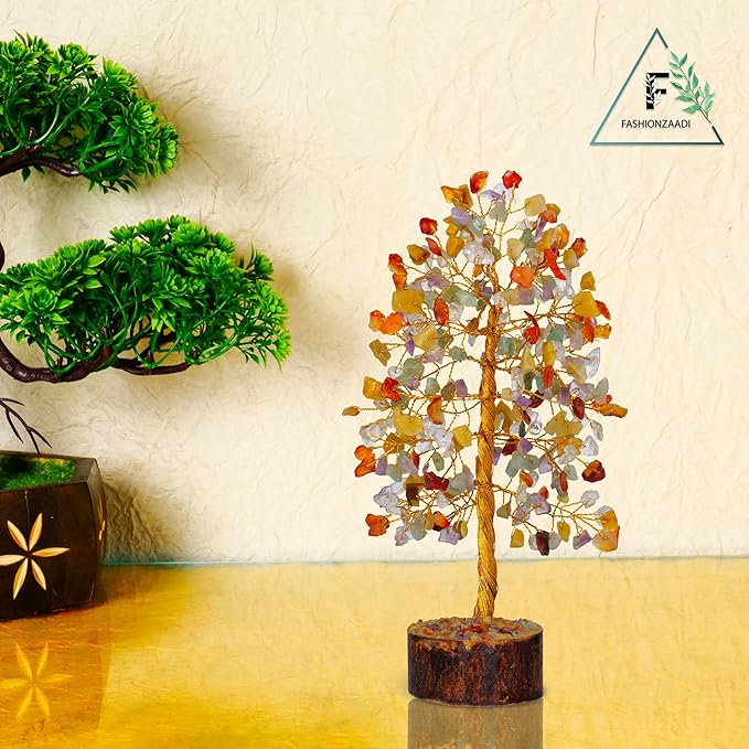 FASHIONZAADI Gemstone Money Tree Reiki Healing Chakra Balancing Handmade Bonsai Trees Spiritual Gift Aura Cleansing Good Luck Home Decor (Mix Chakra Golden Wire)
