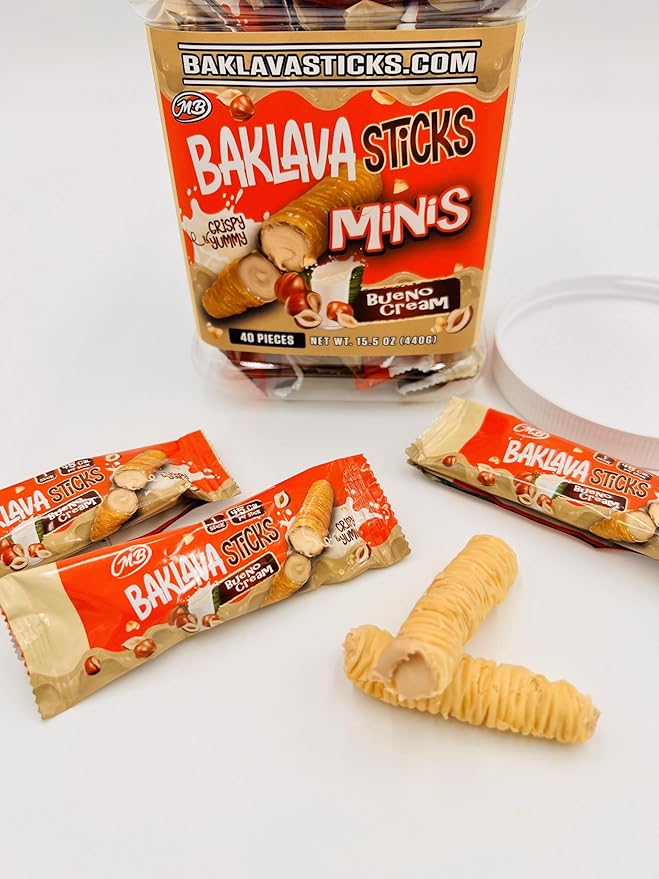 Baklava Sticks Minis, Bueno Cream Crispy Phyllo Dough, 15.6 oz (40 Pieces) (FULL JAR 40 minis, Bueno)