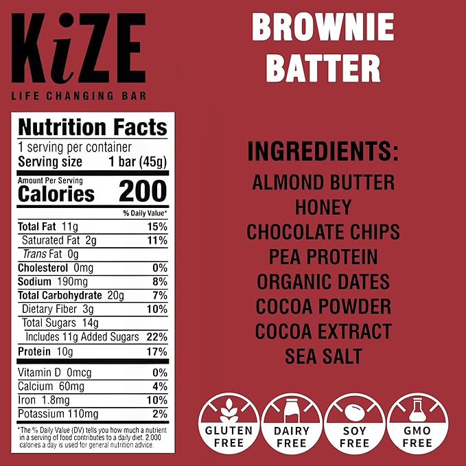 KiZE Energy Bars - Gluten Free, Dairy Free, Non-GMO, and High Protein Meal Replacement Energy Bars, Meal Bar, Clean and Simple Food Ingredients - Brownie Batter, 10g High Protein Snacks, (30 Count)