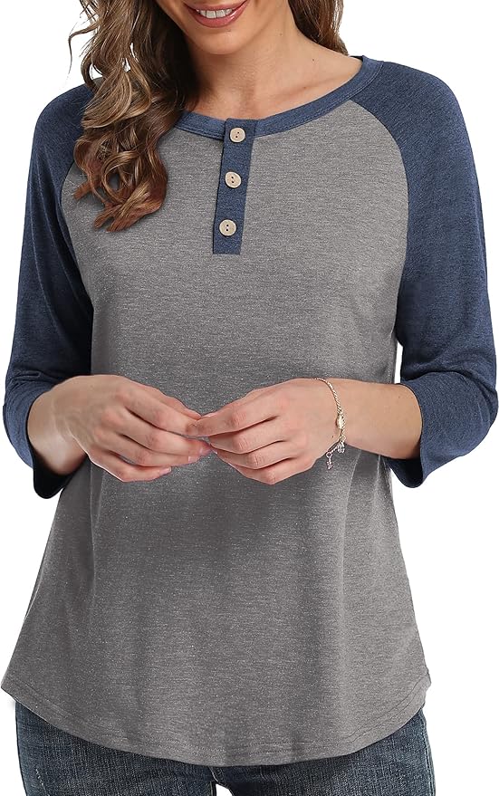 3/4 Sleeve Shirts for Women Crewneck Button Down Tunic Tops Raglan T Shirt