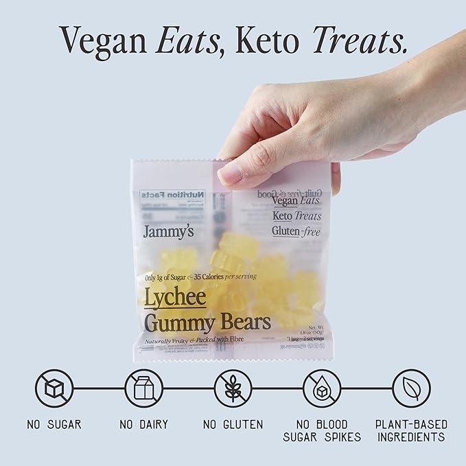 Jammy's™ - Lychee Gummy Bears | Sugar-Free & Vegan-Friendly | Keto-Friendly, Gluten-Free, Low Carb, High Fibre & Naturally Fruity | Delicious, Soft & Chewy | Box of 6 x 50g Bags