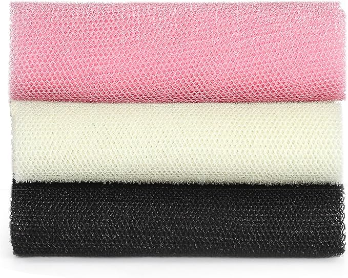 African Exfoliating Net,JASSINS African Sponge Net,Body Exfoliating Long Net Shower Body Scrubber Back Scrubber Skin Smoother（Black+White+Pink）