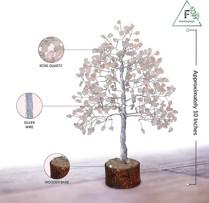 FASHIONZAADI Rose Quartz Crystal Tree, Silver Wire Feng Shui Gemstone Decor, Chakra Healing Stones Crystal Decor, Artificial Bonsai Money Tree, Good Luck Spiritual Gifts for Women & Men