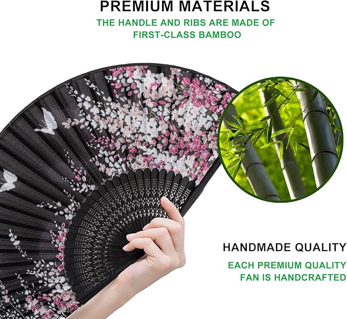 Amajiji 8.27"(21cm) Hand Held Bamboo Silk Folding Fan Hand Fan,Chinese/Japanese Charming Elegant Vintage Retro Style,Women Ladys Girls Best Gifts (Black Butterfly)