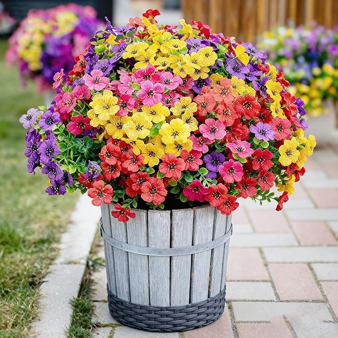 6 Bundles Colorful Fake Flowers for Outdoors, Realistic Fake Flowers Silk Plants Daisy,for Outside Porch Patio Garden UV-Resistant Artificial Flowers All Season Home Decor
