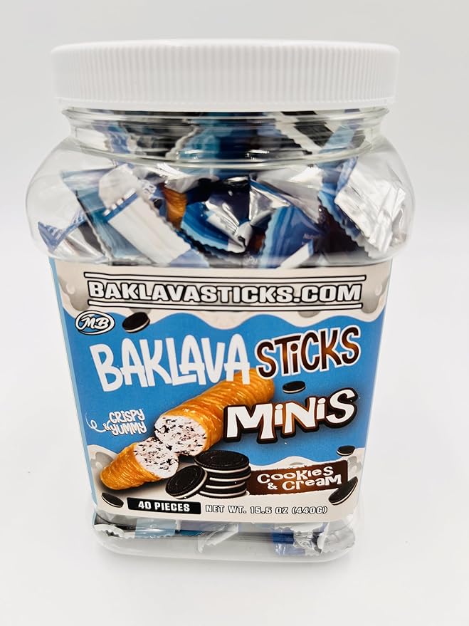 Baklava Sticks Minis, Cookies & Cream Crispy Phyllo Dough, 15.6 oz (40 Pieces) (FULL JAR 40 minis, Cookies & Cream)