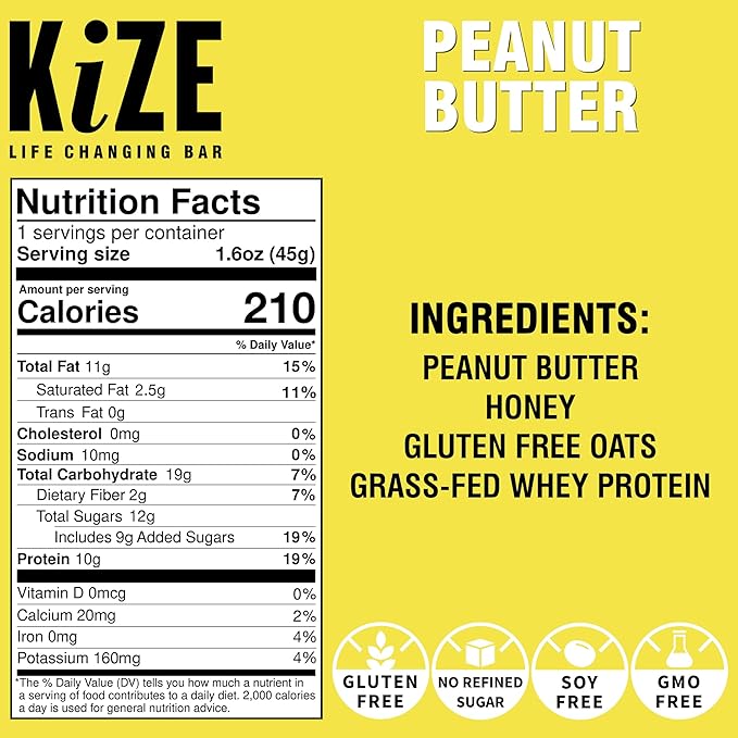 KiZE Energy Peanut Butter High Protein Snack Bars, 10 Count, 10g Grass-Fed Whey Protein, Gluten Free, Non-GMO, Soy Free, Mission Based, Made in USA