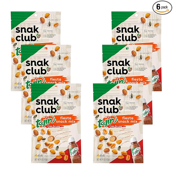 Snak Club Tajin Fiesta Snack Mix, Peanuts, Crunchy Peanuts, Toasted Corn, and Pepitas with Chili and Lime Seasoning, Mild, No Artificial Colors or Flavors, 4 oz Resealable Bags, 6 Pack