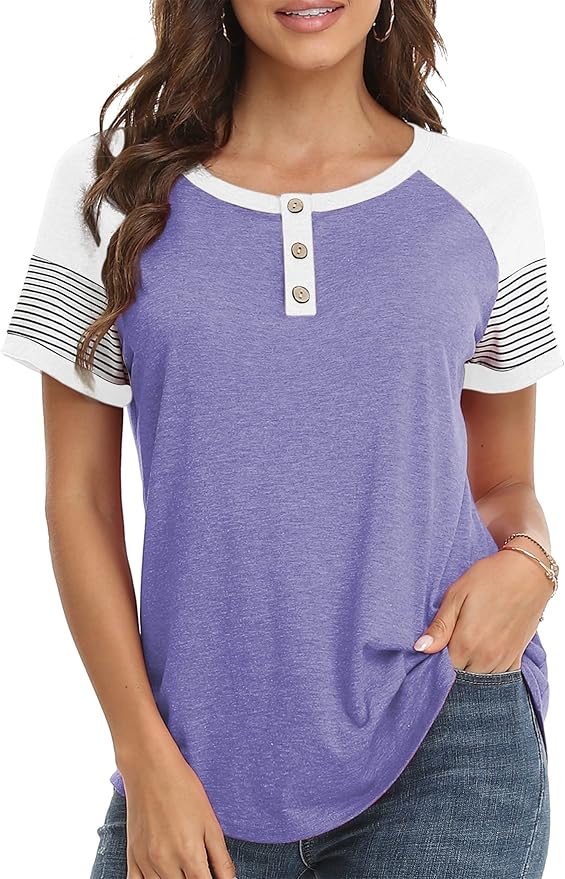 3/4 Sleeve Shirts for Women Crewneck Button Down Tunic Tops Raglan T Shirt