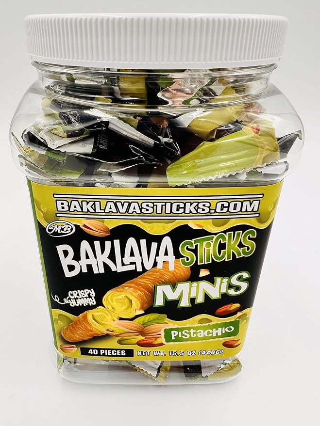 Baklava Sticks Minis, Pistachio Cream Crispy Phyllo Dough, 15.6 oz (40 Pieces) (FULL JAR 40 minis, Pistachio)