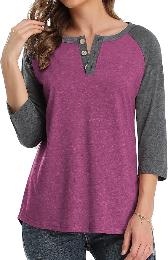 3/4 Sleeve Shirts for Women Crewneck Button Down Tunic Tops Raglan T Shirt