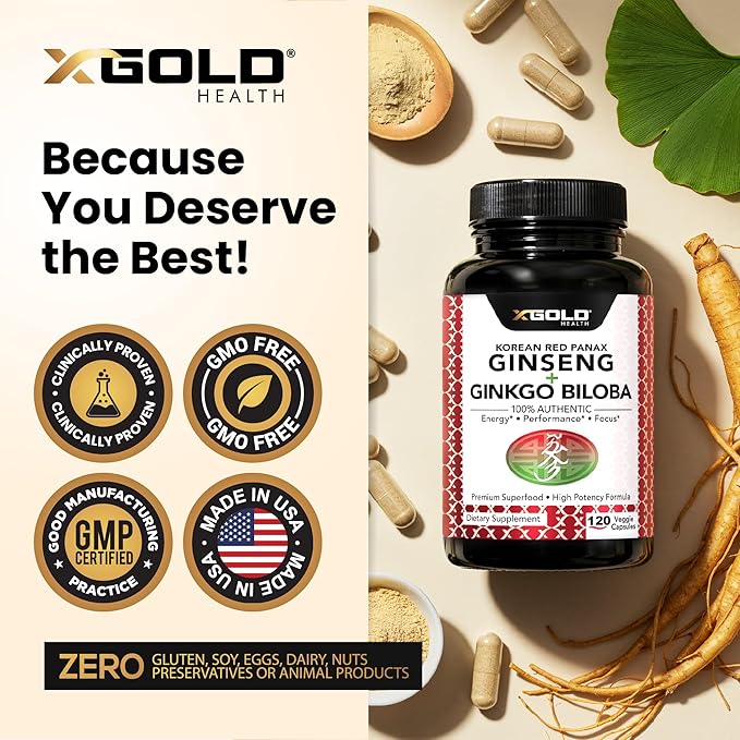 Authentic Korean Red Panax Ginseng 1200mg + Ginkgo Biloba 160mg – High Ginsenosides Extra Strength – Energy, Memory, Focus & Brain Health – Vegan Capsules for Men & Women – 120 Count