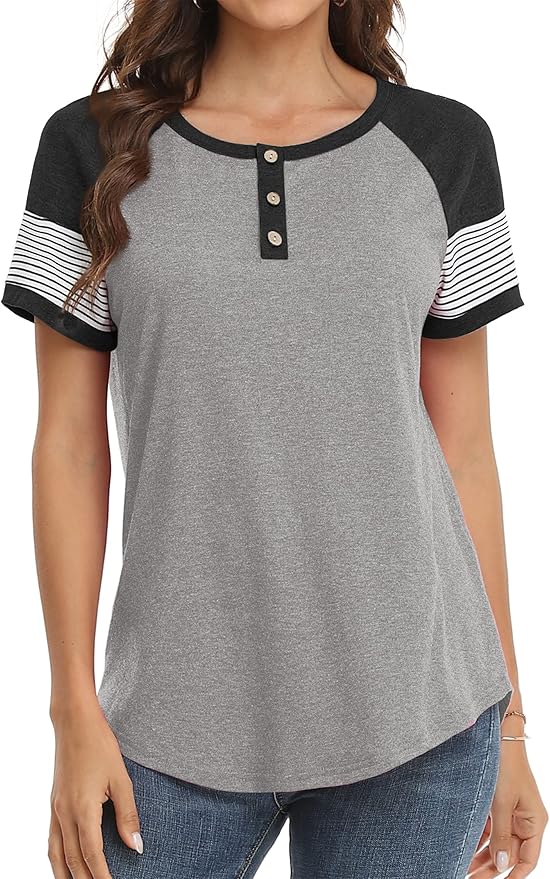 3/4 Sleeve Shirts for Women Crewneck Button Down Tunic Tops Raglan T Shirt