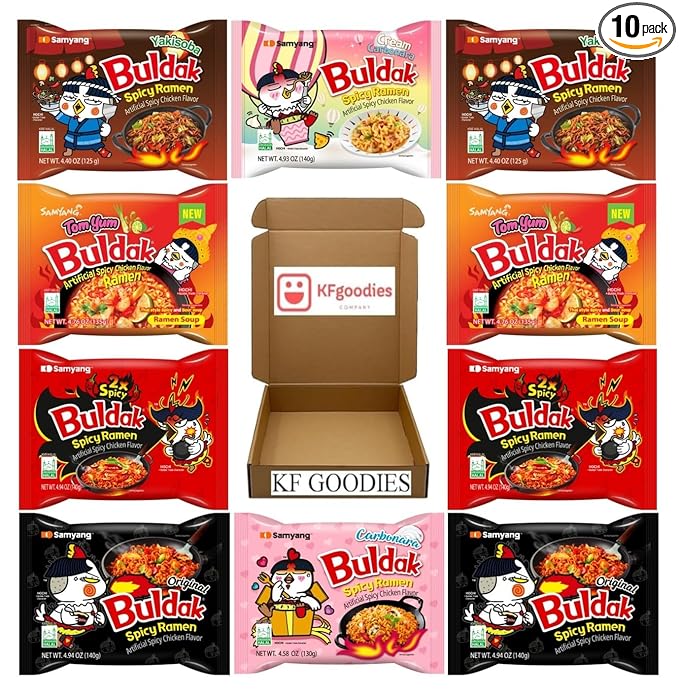 Samyang Buldak Hot Spicy Chicken Ramen Noodle Korean Stir-Fried Ramen (10, 2X (2), Carbonara (1), Cream Carbonara (1), Original (2), Tom Yum (2), Yakisoba (2))