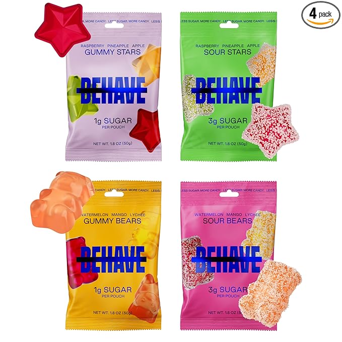 BEHAVE Low Sugar, Low Carb Gummy Candy | High in Fiber, Keto & Diabetic Friendly Snack | Non-GMO, Gluten-Free, Dairy-Free, Nothing Artificial | Sampler Variety, 1.8oz (4-Pack)