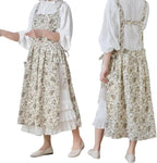 Pinafore Apron Dress，Japanese Cotton Linen Cross Back Apron for Women with Pockets，Pinafore Dress with Waist Ties (White flower)
