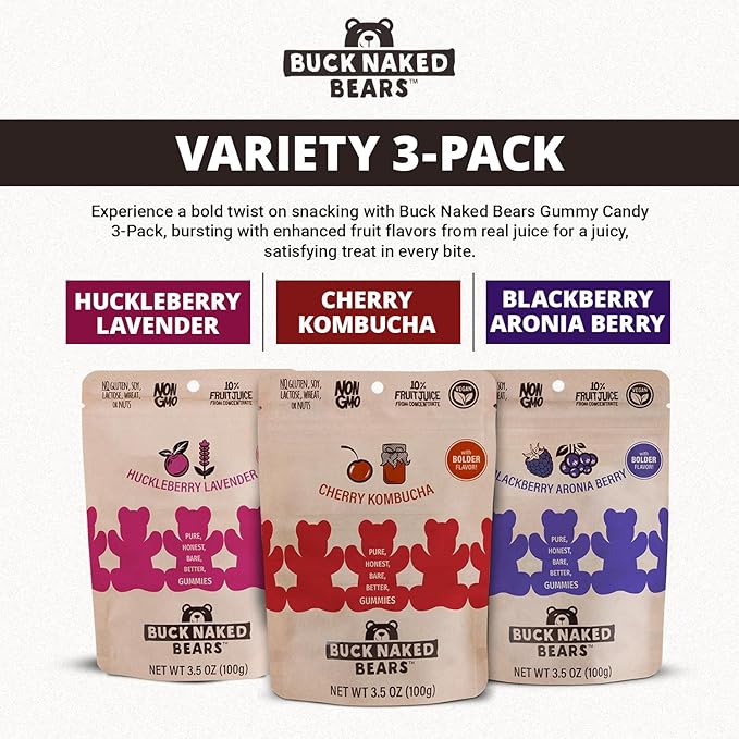 Buck Naked Bears - Gummy Candy 3-Pack - Cherry Kombucha & Huckleberry Lavender - Soft, Smooth, Fruity Snack - 3.5oz Each