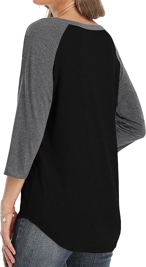 3/4 Sleeve Shirts for Women Crewneck Button Down Tunic Tops Raglan T Shirt