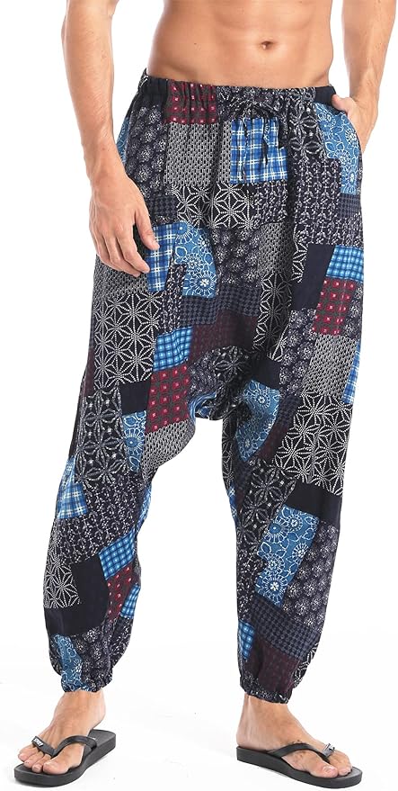 AITFINEISM Men's Drawstring Aladdin Hippie Harem Pants Loose Drop Crotch Trousers