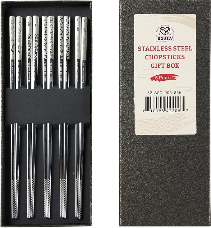 52USA Stainless Steel Chopsticks Reusable Gift Set, 5 Pairs–Lightweight 304 Stainless Steel Metal Chopsticks,Dishwasher Safe, Non-Slip, 9 in/22.9cm,Japanese Korean Chop Stick Ideal for Sushi, Noodles