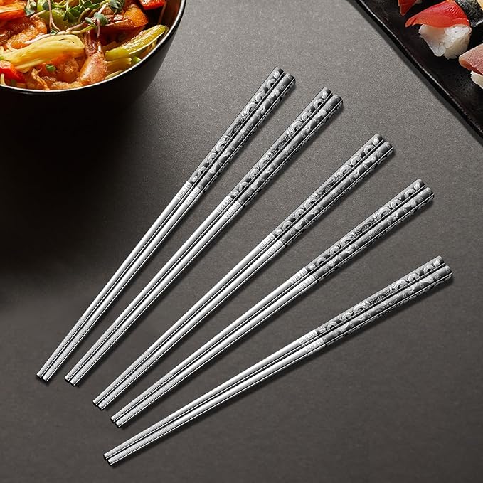 5 Pairs Dragon Chopsticks Set Black Stainless Steel 316 Kitchen Dinning Utensils Reusable Japanese Korean Chinese Dishwasher Safe Non-Slip Chop Sticks Tableware Gift 9.26"