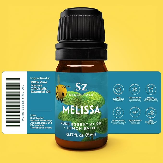 Melissa Essential Oil - Aka Lemon Balm - 100% Pure and Undiluted - Extracted from Melissa Officinalis - Sweet & Fruity Scent with Citrusy Overtones - Therapeutic Grade & Vegan - 0.17oz