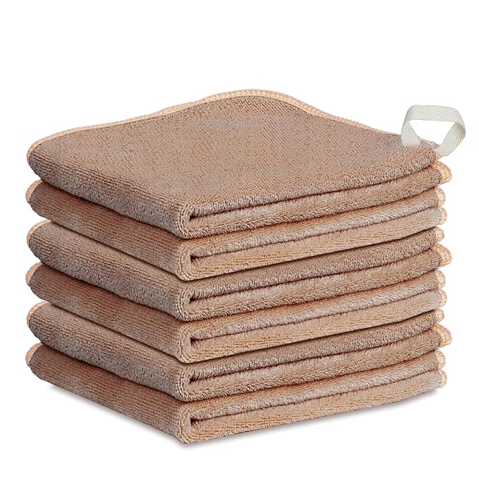 Makeup Remover Cloth 12 x 12 Inch, Reusable Makeup Remover Towels for Washing Face, 6 Pack Washable Microfiber Face Cloth Fast Drying Washcloth, Brown