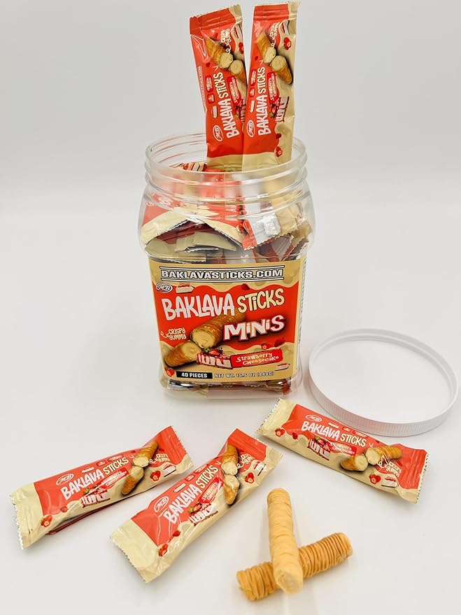 Baklava Sticks Minis, Strawberry Cheesecake Cream Crispy Phyllo Dough, 15.6 oz (40 Pieces) (FULL JAR 40 minis, Strawberry Cheesecake)