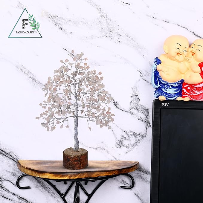 FASHIONZAADI Rose Quartz Crystal Tree, Silver Wire Feng Shui Gemstone Decor, Chakra Healing Stones Crystal Decor, Artificial Bonsai Money Tree, Good Luck Spiritual Gifts for Women & Men