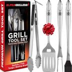 Alpha Grillers Grilling Accessories - BBQ Accessories Grill Gifts for Men Dad Him Husband Son Boyfriend Birthday - Barbecue Grilling Tools Utensils Set with Spatula, Fork, Brush, Tongs Kit