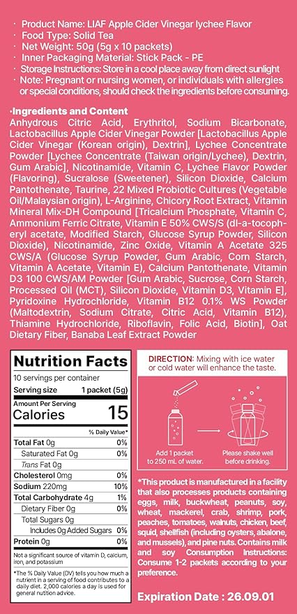 LIAF Apple Cider Vinegar Powder Loaded Tea Packets | Korean Fermented ACV with Mother | Travel Size Instant Dissolving Drink Mix | Sugar Free Energy Boost | Lychee Flavor 10 Count
