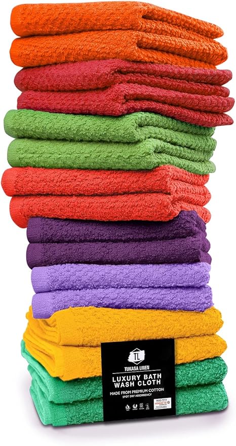 16 Pack Cotton Washcloths for Body and Face, 12x12 Inches, Multipurpose and Lightweight Wash Clothes for Face. Highly Absorbent - Travel and Bath Towel (Multi-Color)