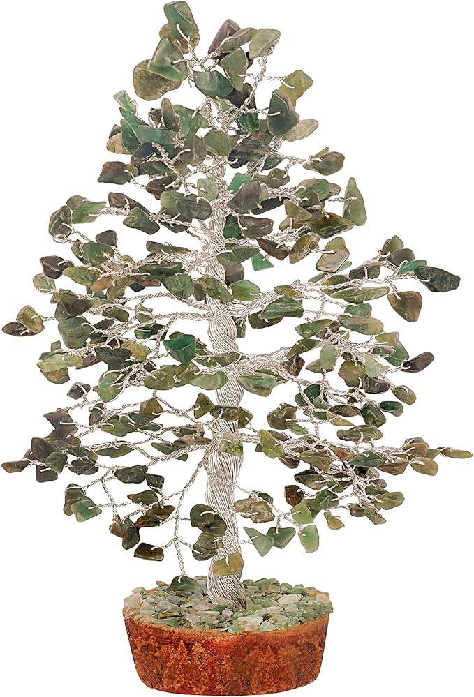 FASHIONZAADI Gemstone Money Tree Reiki Healing Chakra Balancing Handmade Bonsai Trees Spiritual Gift Aura Cleansing Good Luck Home Decor (Green Aventurine Silver Wire)
