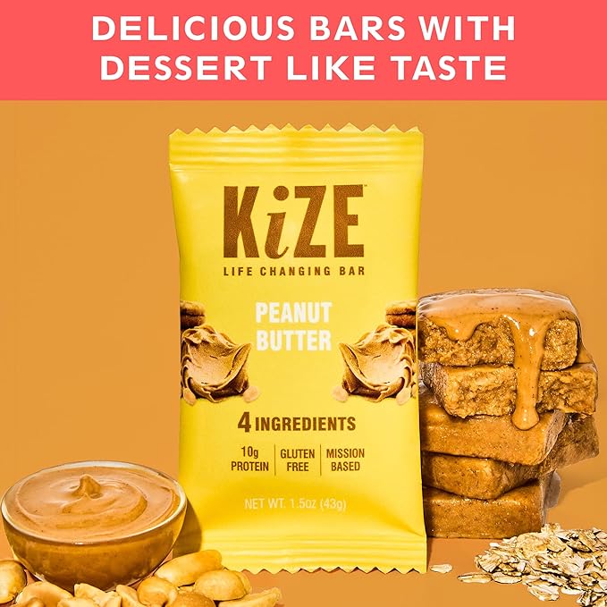 KiZE Energy Bars - Gluten Free, Dairy Free, Non-GMO, and High Protein Meal Replacement Energy Bars, Meal Bar, Clean and Simple Food Ingredients - Peanut Butter, 10g High Protein Snacks, (30 Count)