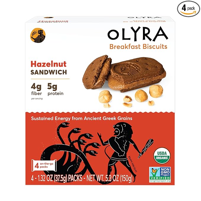 Olyra Organic Breakfast Biscuit Sandwiches | Hazelnut Cocoa | Kids Healthy Snacks, Low-Sugar, High Fiber | 4 Count (Pack of 1)