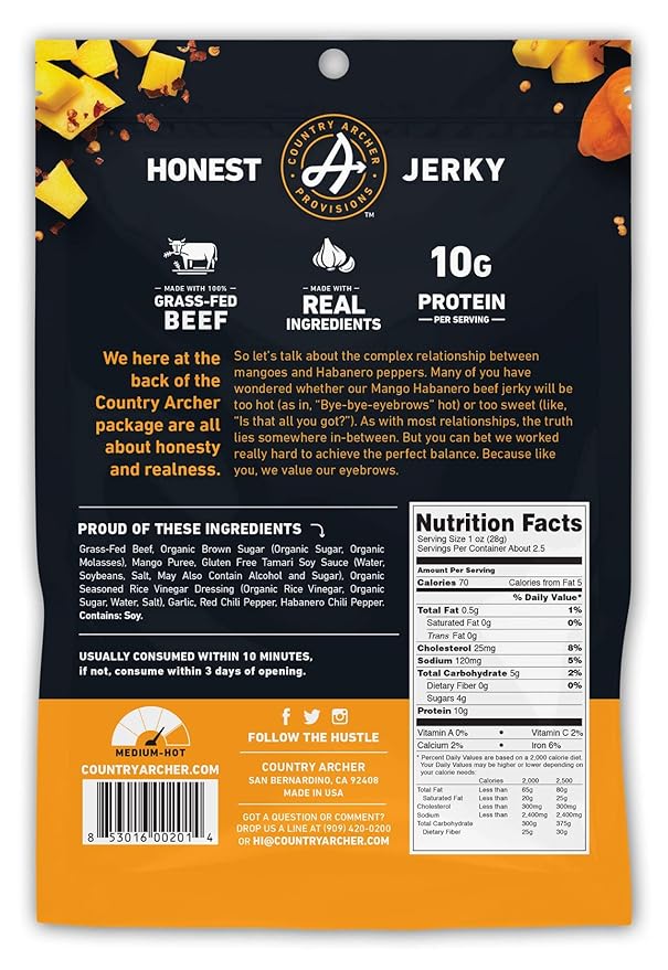 Country Archer Grass-Fed Beef Jerky - Beef Jerky Snack Pack, Beef Jerky Bulk, Individual Beef Jerky Pack, Protein Snack, Country Archer Beef Jerky, Gluten Free, Paleo - Mango Habanero, 2.5 oz (4 Pack)