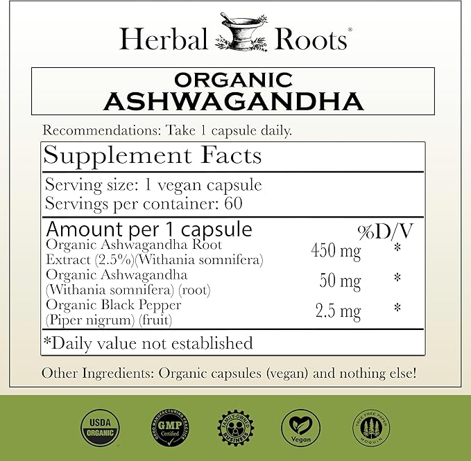 Herbal Roots Mood Duo, Organic St. John's Wort and Ashwagandha Supplement, Natural Mood Support, Non-GMO